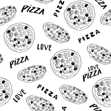 Pizza seamless pattern hand drawn sketch. Pizza slice doodles and words pizza Stock Photos