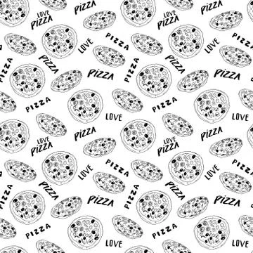 Pizza seamless pattern hand drawn sketch. Pizza slice doodles and words pizza Stock Photos