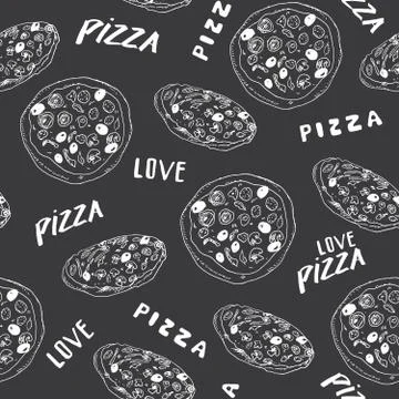 Pizza seamless pattern hand drawn sketch. Pizza slice doodles and words pizza Stock Photos