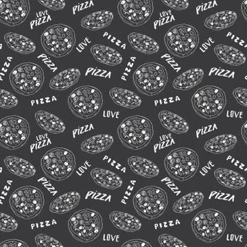 Pizza seamless pattern hand drawn sketch. Pizza slice doodles and words pizza Stock Photos