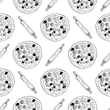 Pizza seamless pattern hand drawn sketch. Pizza doodles and rolling pin, Food Stock Photos