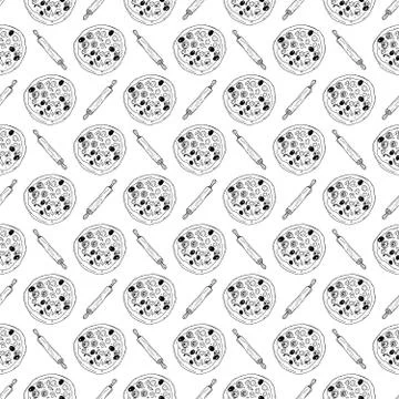 Pizza seamless pattern hand drawn sketch. Pizza doodles and rolling pin, Food Stock Photos