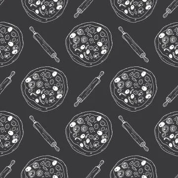 Pizza seamless pattern hand drawn sketch. Pizza doodles and rolling pin, Food Stock Photos