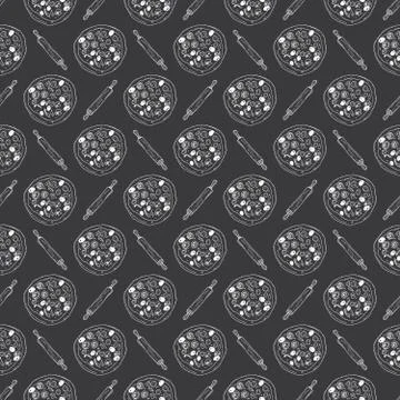 Pizza seamless pattern hand drawn sketch. Pizza doodles and rolling pin, Food Stock Photos