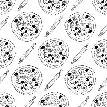 Pizza seamless pattern hand drawn sketch. Pizza doodles and rolling pin, Food Stock Photos