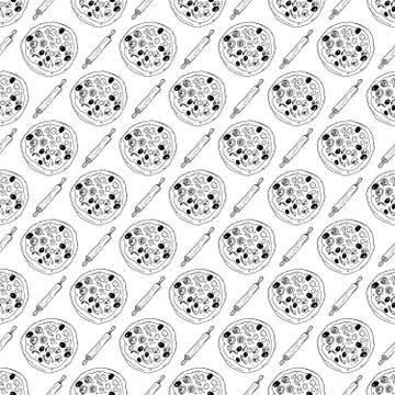 Pizza seamless pattern hand drawn sketch. Pizza doodles and rolling pin, Food Stock Photos