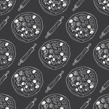 Pizza seamless pattern hand drawn sketch. Pizza doodles and rolling pin, Food Stock Photos