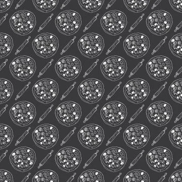 Pizza seamless pattern hand drawn sketch. Pizza doodles and rolling pin, Food Stock Photos