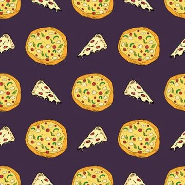 Pizza seamless pattern hand drawn sketch. Whole pizza and slice doodles Food  Stock Photos