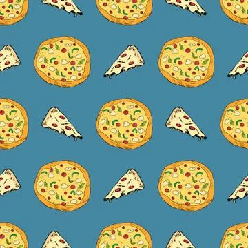 Pizza seamless pattern hand drawn sketch. Whole pizza and slice doodles Food  Stock Photos