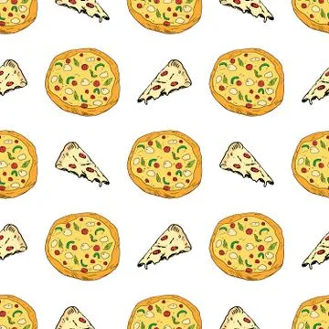 Pizza seamless pattern hand drawn sketch. Whole pizza and slice doodles Food  Stock Photos