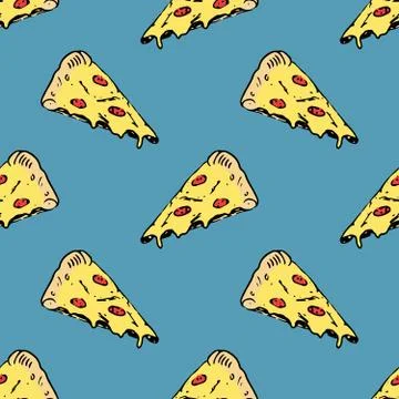 Pizza seamless pattern hand drawn sketch. Whole pizza and slice doodles Food  Stock Photos