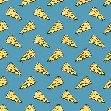 Pizza seamless pattern hand drawn sketch. Whole pizza and slice doodles Food  Stock Photos
