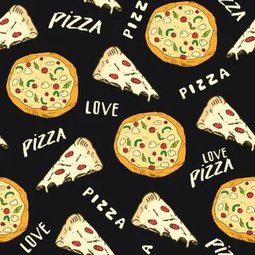 Pizza seamless pattern hand drawn sketch. Pizza slice doodles and words pizza Stock Photos
