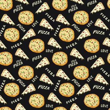 Pizza seamless pattern hand drawn sketch. Pizza slice doodles and words pizza Stock Photos