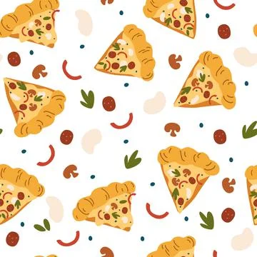 Pizza seamless pattern. Pizza slices with mozzarella, salami, herbs, mushroom Illustrazione stock