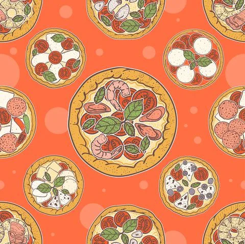 Pizza seamless pattern with red background Stock Illustration