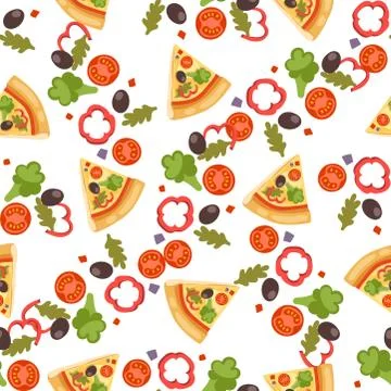 Pizza seamless pattern vector illustration piece slice pizzeria food menu snack Stock Illustration