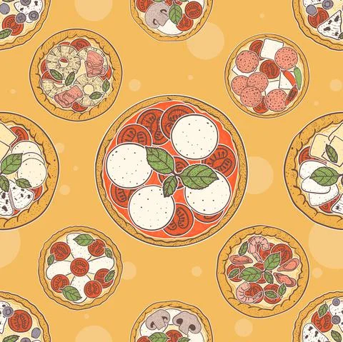 Pizza seamless pattern on yellow background Stock Illustration