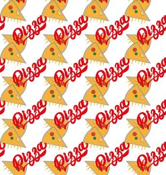 Pizza seamless vector repeating pattern with text and pizza slices Stock Illustration