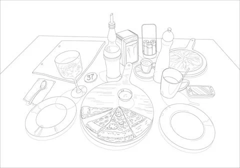Pizza on a served table, linear vector drawing Stock Illustration