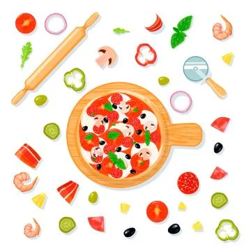 Pizza Set Cartoon Composition Stock Illustration