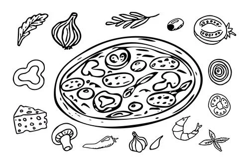 Pizza set, round pizza with ingredients doodle hand drawn in cartoon style Stock Illustration