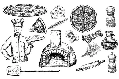 Pizza set vector ink hand drawn illustration Stock Illustration