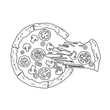 A pizza is shown in a drawing. Coloring page and kindergarten education of art.  Stock Illustration
