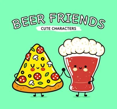 Pizza slice and beer characters holding hands, being friends Ilustración de archivo