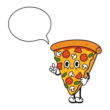 Pizza slice cartoon character talking speech bubble Stock Illustration