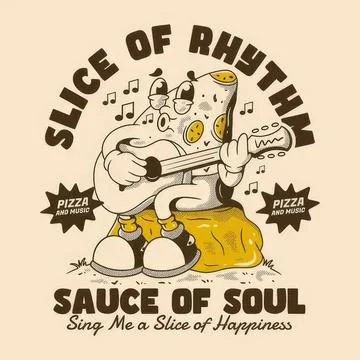 Pizza slice character playing guitar with musical notes and text Stockillustratie