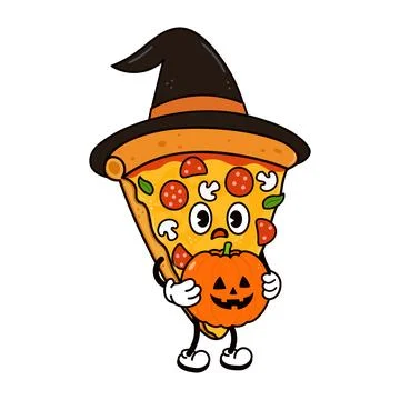 Pizza slice character wearing witch hat holding jack-o-lantern for Halloween Stock Illustration