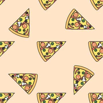Pizza slice colored seamless pattern. Stock-Illustration