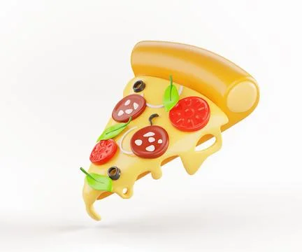 Pizza slice with flowing melted cheese and basil leaves 3d render icon. Italian Illustrazione stock