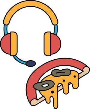 A pizza slice with a headset on top of it Stock Illustration