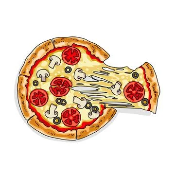 A pizza with a slice of melted mozarella cheese, olive , shitake mushroom, tomat Ilustração Stock