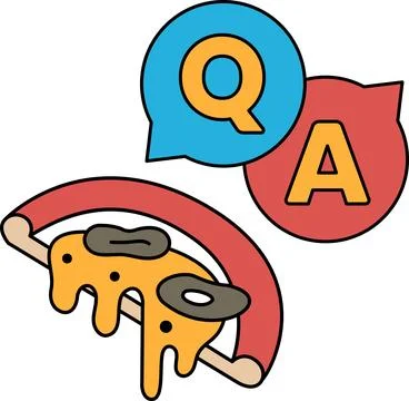 A pizza with a slice missing and a Q and A sign above it Stock Illustration