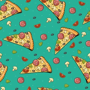 Pizza slice seamless vector pattern. colored pizza slices in sketch illustrat Illustrazione stock