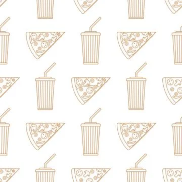 Pizza slice soda cold drink paper cup outline seamless pattern. Stock Illustration