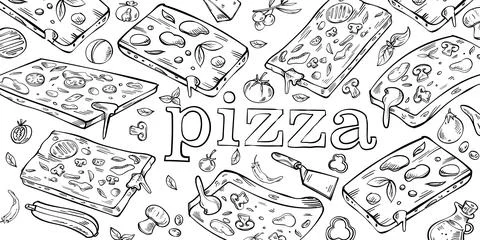 Pizza slice square Background in Doodle Style. horizontal Hand drawn sketch.. イラスト素材