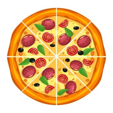 Pizza slice triangles with different ingredients tomato, cheese, olive, sausage Stock Illustration