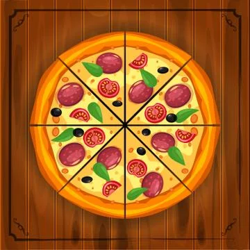 Pizza slice triangles with different ingredients tomato, cheese, olive, sausage Stock Illustration