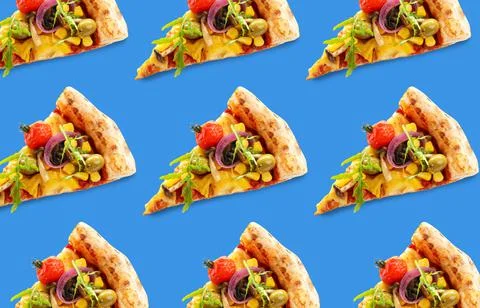 Pizza slices on blue background. Pattern design Stock Photos