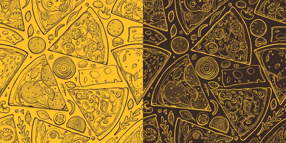 Pizza slices seamless pattern. Hand drawn vector Italian food illustration. E Stock Illustration
