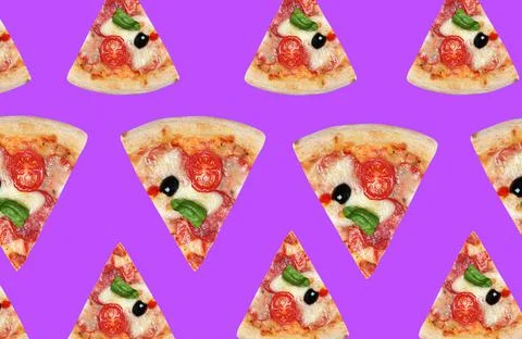 Pizza slices on violet background. Pattern design Stock Photos