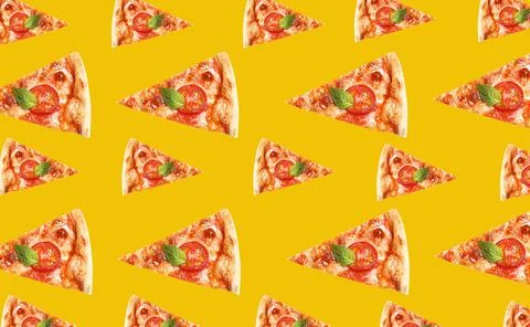 Pizza slices on yellow background. Pattern design Stock Photos