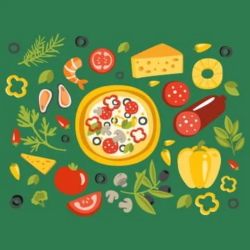 Pizza Surrounded With Different Ingredients For It, Italian Cuisine Dish Stock Illustration