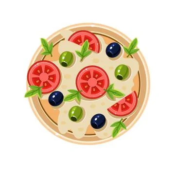 Pizza with Tomatoes and Olives Served Food. Vector Illustration Stock Illustration