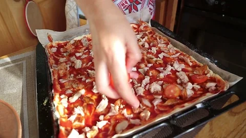 Pizza with tomatoes is prepared Stock Footage 79758633